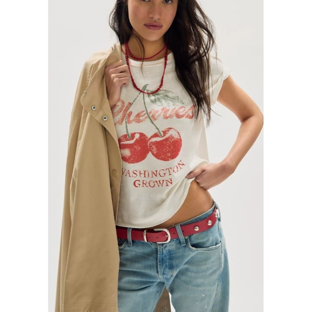 We The FREE PEOPLE Nova Perfect Graphic Tee Top Large Cherries Washington